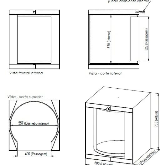 Desenho técnico de passa-volume giratório com vistas frontal, lateral e superior e cotas em milímetros